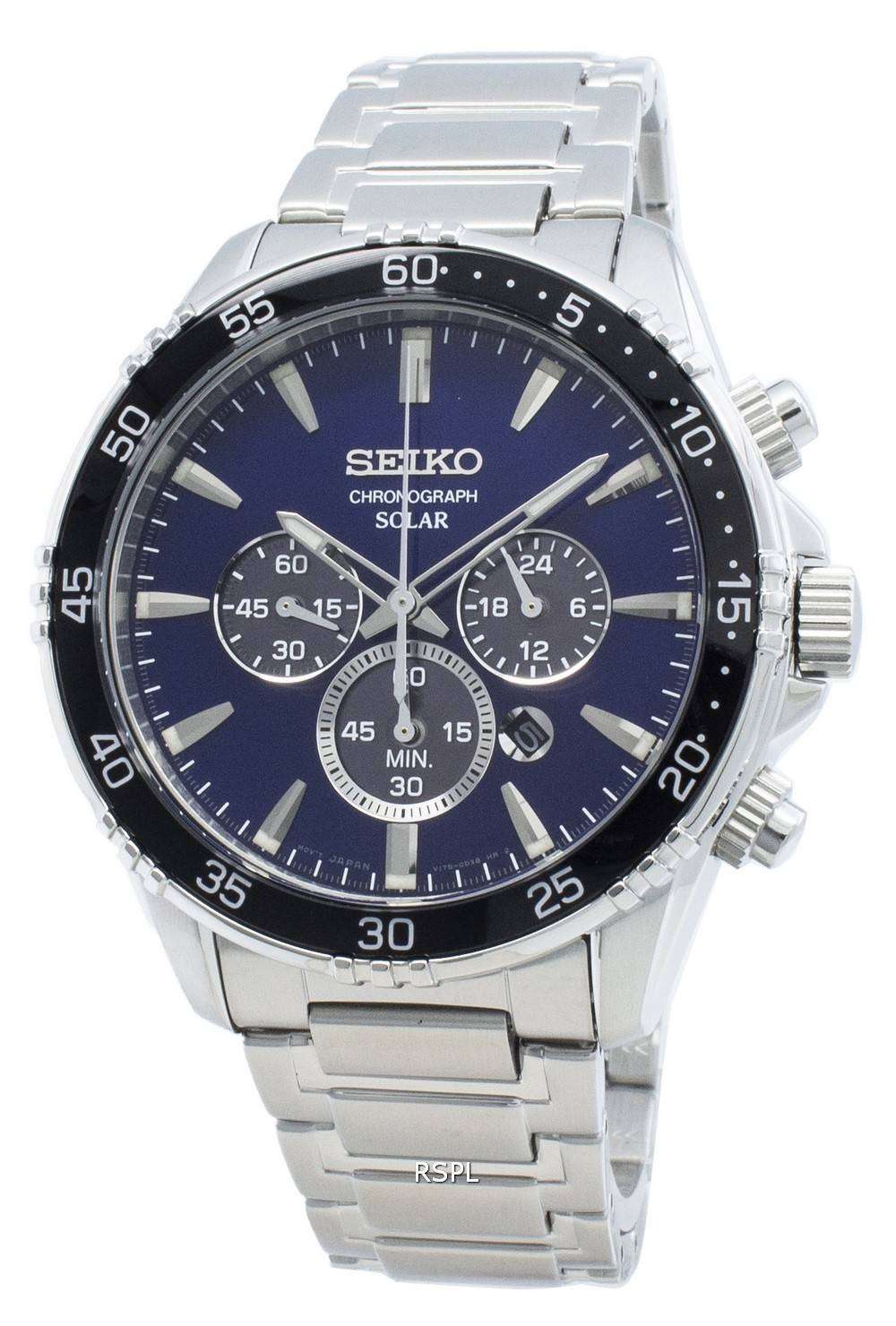 Seiko men's solar chronograph silvertone watch with blue dial deals