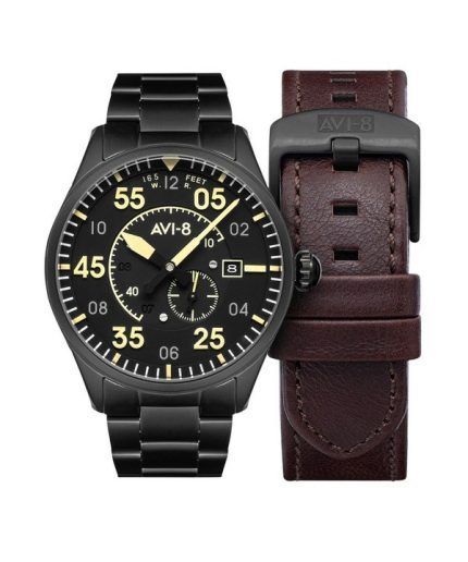 AVI-8 Spitfire Type 300 Midnight Chrome Black Dial Automatic AV-4073-33 Mens Watch With Extra Strap