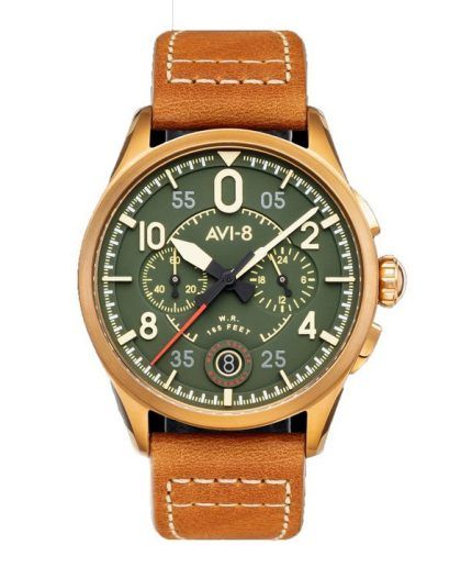 AVI-8 Spitfire Lock Chronograph Leather Strap Bronze Green Dial Quartz AV-4089-02 Mens Watch