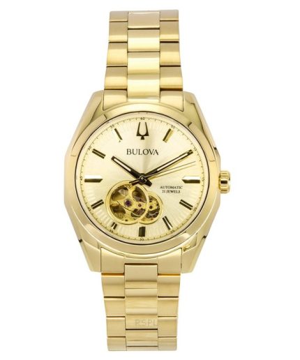 Bulova Surveyor Gold Tone Stainless Steel Open Heart Champagne Dial Automatic 97A182 Men's Watch
