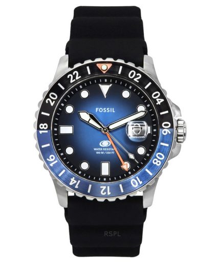 Fossil Blue GMT Silicone Strap Black And Blue Sunray Dial Quartz FS6049 100M Men's Watch