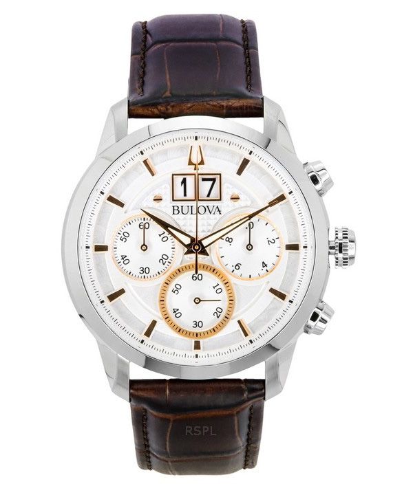 Bulova Sutton Big Date Chronograph Brown Leather Strap Silver Dial Quartz 96B309 Mens Watch