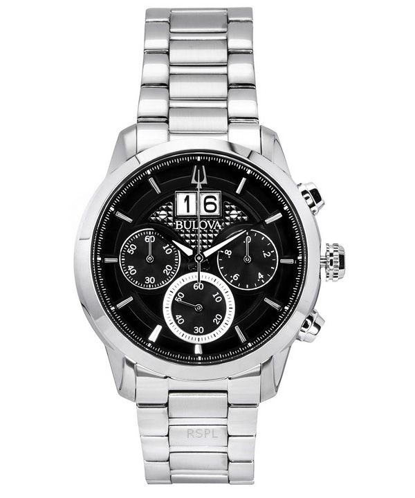 Bulova Sutton Big Date Chronograph Stainless Steel Black Dial Quartz 96B319 Mens Watch