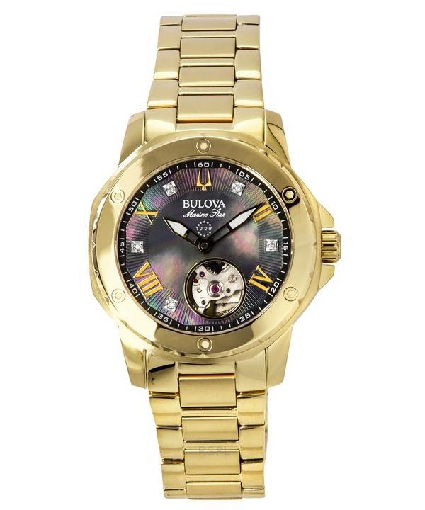 Bulova Marine Star Gold Tone Stainless Steel Black Mother Of Pearl Dial Automatic 97P171 100M Women's Watch