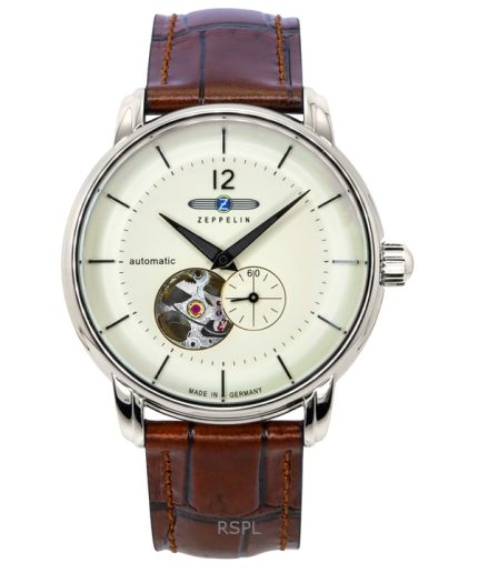 Zeppelin LZ-120 Bodensee Leather Strap Beige Open Heart Dial Automatic 81661 Men's Watch