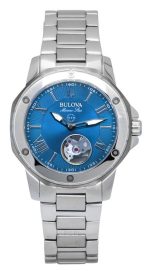 Bulova Marine Star Stainless Steel Open Heart Blue Dial Automatic 98L317 100M Womens Watch