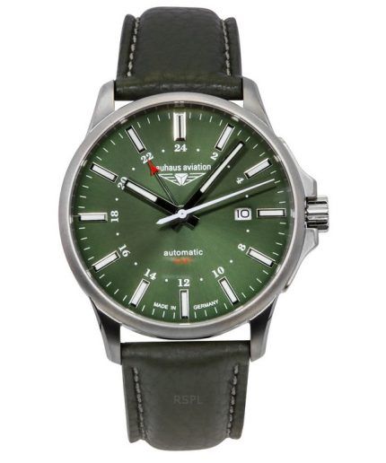 Bauhaus Aviation GMT Green Leather Strap Dark Green Dial Automatic 28684 100M Men's Watch