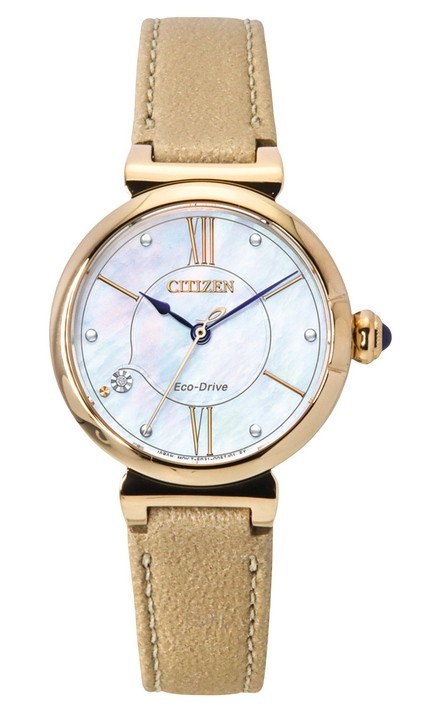 Citizen L Series Diamond Accent Leather Strap White Mother Of Pearl Dial Eco-Drive EM1073-18D Womens Watch