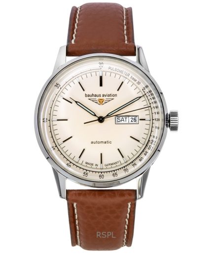 Bauhaus Aviation Leather Strap Beige Dial Automatic 23665 100M Men's Watch